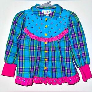 Vintage Gymboree Blue Long Sleeve Floral Checked Snap Shirt Size Small 1.5-3